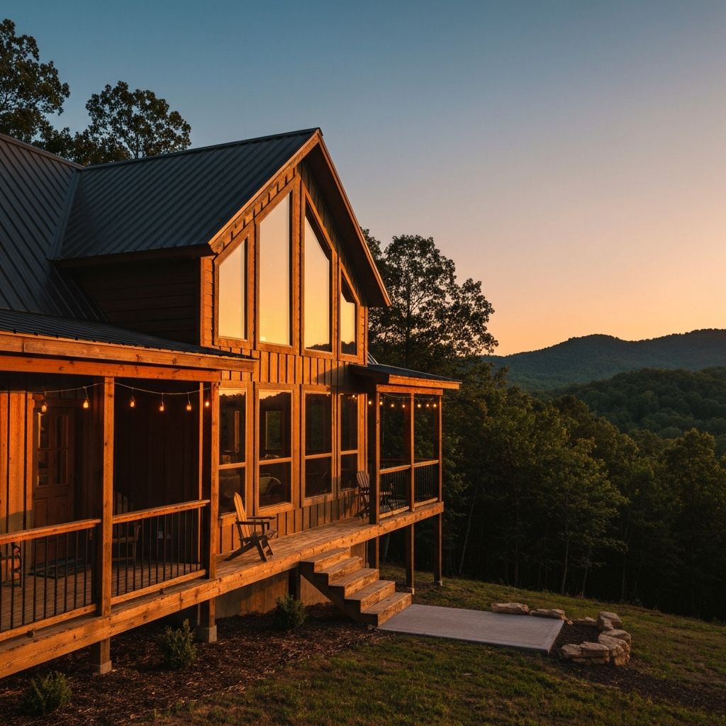 Ozark vacation cabin surrounded by forest at golden hour